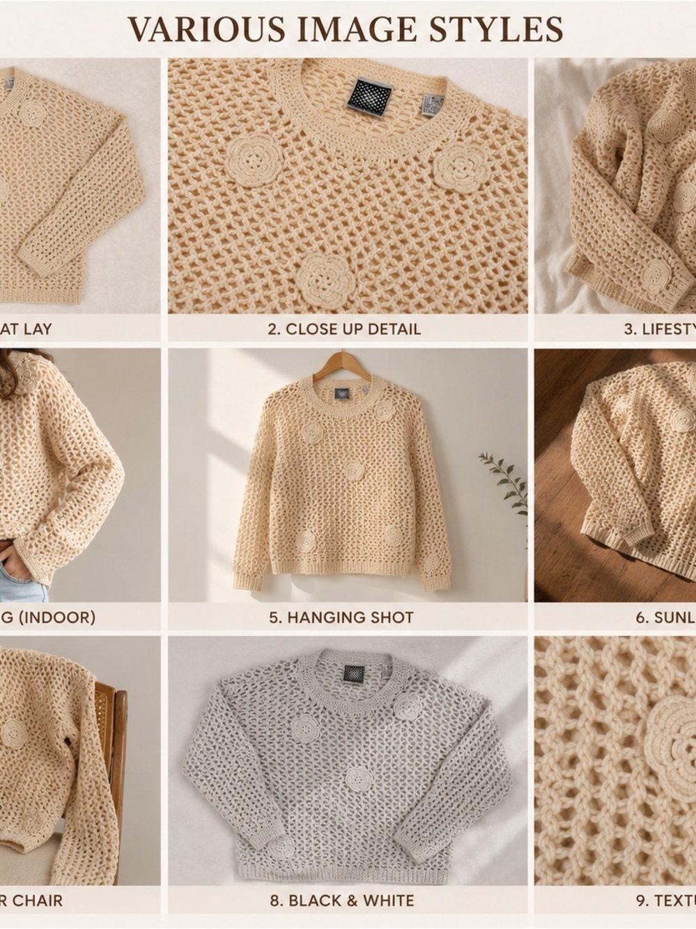 Open-Knit Crochet Crewneck Sweater - Cream
